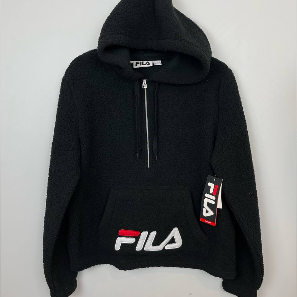 FILA Women's Hoodie Sweatshirt Size Small Black Sherpa Cozy Fleece Pullover CQ